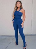 Blue Single Long Sleeve Irregular Bodysuit and Pants 2PCS Set