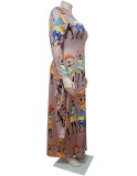 Plus Size Print Brown Long Sleeves O-Neck Loose Maxi Dress