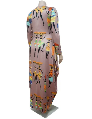 Plus Size Print Brown Long Sleeves O-Neck Loose Maxi Dress