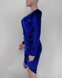 Blue Velvet Long Sleeves V-Neck Draw Cord Mini Dress