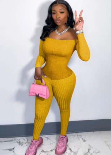 Casual Yellow Ribbed Off Shoulder Long Sleeve Bodycon Jumpsuit