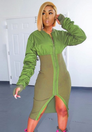 Green Stand Collar Ruched Long Sleeve Zip Up Slit Tight Midi Dress