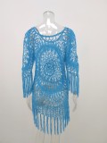 Blue Knitted Fishnet O-Neck Tassel Beach Dress