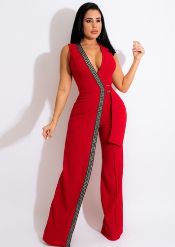 Red Deep-V Sleeveless Loose Jumpsuit with Belt