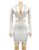 Rhinestone White Turndown Collar Cut Out Long Sleeves Slinky Mini Dress
