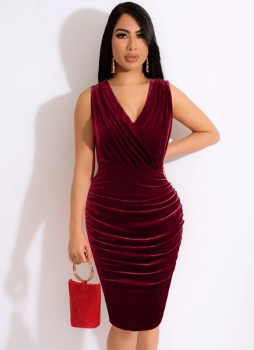 Wine Red Velvet V-Neck Sleeveless Scrunch Midi Office Dress