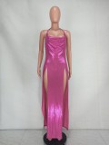 Rose Metallic Side Slit Cami Halter Backless Irregular Long Dress