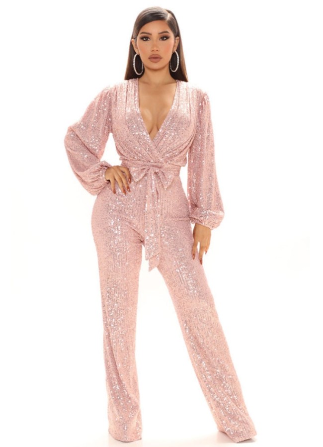 Pink Sequins V-Neck Puff Long Sleeve Club Jumpsuit with Belt