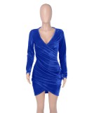 Blue Velvet V-Neck Long Sleeve Ruched Irregular Mini Dress