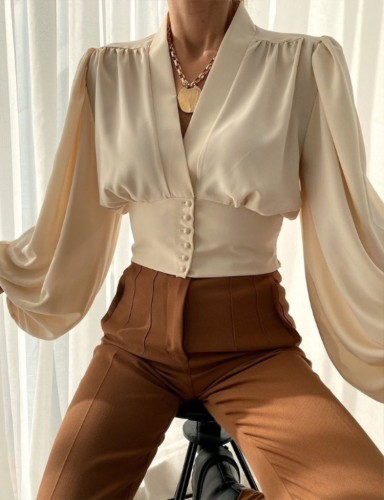Beige V-Neck Puffed Long Sleeve Button Up Tight Waist Shirt