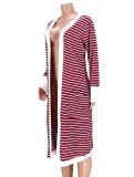Wine Red Stripes Long Sleeve Long Cardigan with Pocket