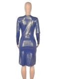 Shiny Blue Metallic V-Neck Long Sleeve Ruched Strings Midi Dress
