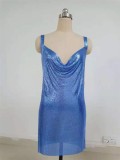 Royal Blue Sparkly Metal Plunge Neck Halter Backless Slit Mini Dress