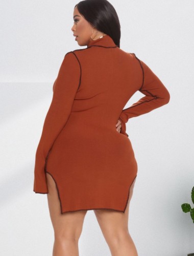 Plus Size Orange High Neck Flare Sleeve Slinky Mini Dress