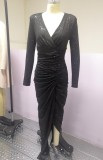 Black Sequins V-Neck Long Sleeve High Slit Maxi Dress