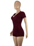 Wine Red Fleece V-Neck Short Sleeve Tight Jumpsuit