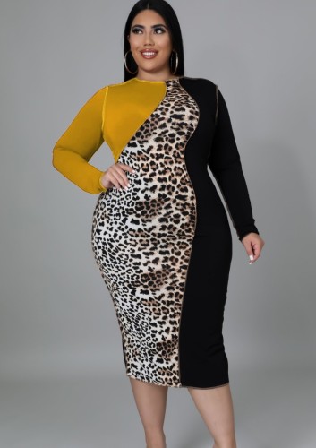 Plus Size Leopard Patch Contrast Color O-Neck Long Sleeve Midi Dress