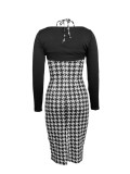 Houndstooth Cami Halter Tight Midi Dress and Black Long Sleeve Cape Top 2PCS Sets