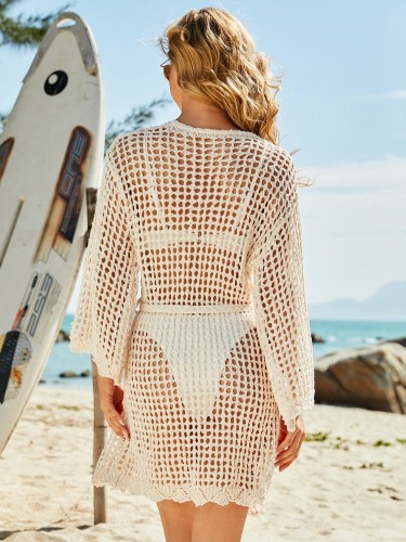 Beige Knitted Fishnet Long Sleeves Beach Cover-Up with Belt