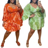 Plus Size Orange Leaf Print V-Neck Slit 3/4 Sleeve Mini Dress