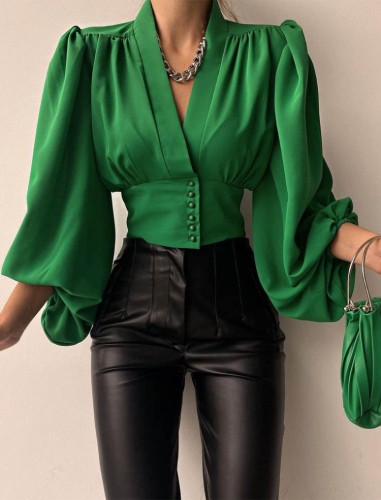 Green V-Neck Puffed Long Sleeve Button Up Tight Waist Shirt