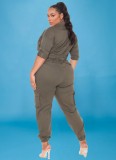 Plus Size Green Drawstrings Zip Up Half Sleeve Cargo Jumpsuit with Pocket