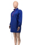 Blue Windproof Zipper Up Long Sleeve Loose Mini Shirt Dress