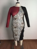 Plus Size Leopard Patch Contrast Color O-Neck Long Sleeve Midi Dress