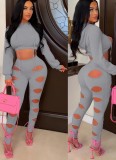 Grey Long Sleeves Hoody Crop Top and Hollow Out Pants 2PCS Set