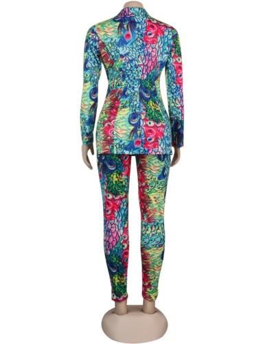 Print Turndown Collar Long Sleeve Blazer and Low Waist Pants 2PCS Set