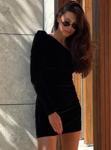 Black Velvet One Shoulder Single Long Sleeve Slinky Mini Dress