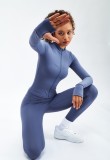 Blue Tight Long Sleeve Zipper Top and High Waist Pants Yoga 2PCS Set