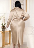 Plus Size Apricot Silk Ruched Tied Button Open Midi Blouse Dress