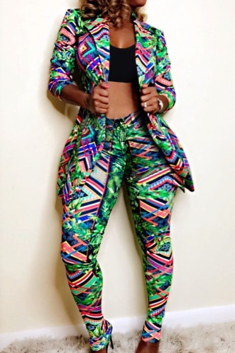 Print Turndown Collar Long Sleeve Blazer and Low Waist Pants 2PCS Set