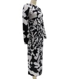 Black and White Print O-Neck Backless Tight Long Dress