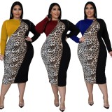 Plus Size Leopard Patch Contrast Color O-Neck Long Sleeve Midi Dress