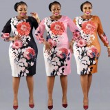 Plus Size Floral Print Silk O-Neck Chiffon Long Sleeve Midi Dress