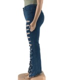 Plus Size Dk-Blue Ripped Hole High Waist Jeans with Pocket