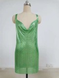 Green Sparkly Metal Plunge Neck Halter Backless Slit Mini Dress