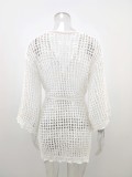 White Knitted Fishnet Long Sleeves Beach Cover-Up with Belt