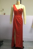 Red Sequins Single Shoulder Sleeveless Slit Long Dress