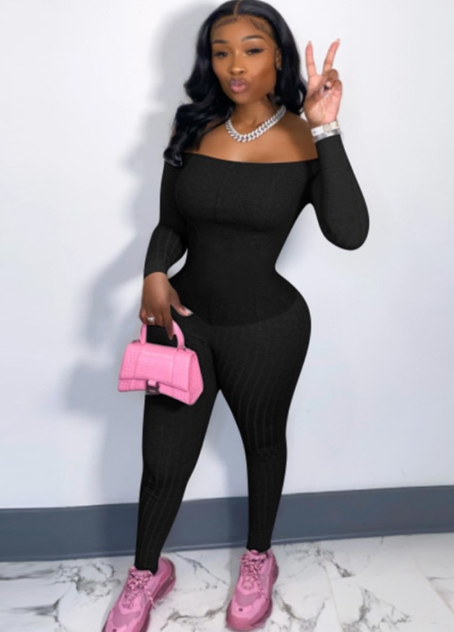 Casual Black Ribbed Off Shoulder Long Sleeve Bodycon Jumpsuit