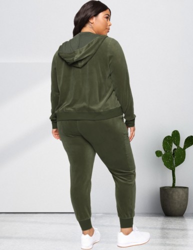 Plus Size Green Velvet Zip Up Hoody Top and Drawstring Pants 2PCS Set