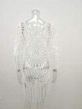 White Knitted Fishnet O-Neck Tassel Beach Dress