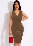 Brown Velvet V-Neck Sleeveless Scrunch Midi Office Dress