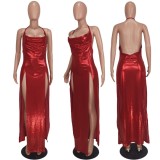 Red Metallic Side Slit Cami Halter Backless Irregular Long Dress