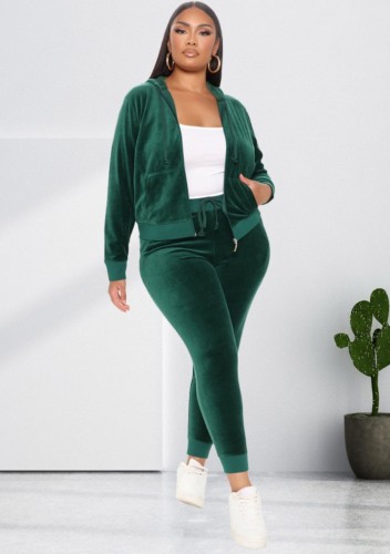 Plus Size Green Velvet Zip Up Hoody Top and Drawstring Pants 2PCS Set