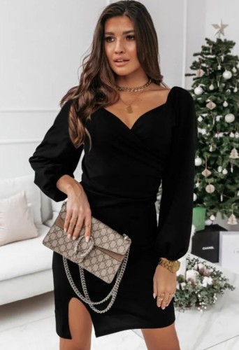 Black Sweetheart Collar Puff Long Sleeve Slit Mini Dress
