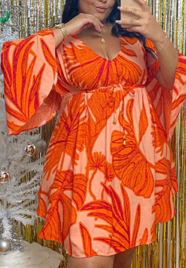 Plus Size Orange Leaf Print V-Neck Slit 3/4 Sleeve Mini Dress