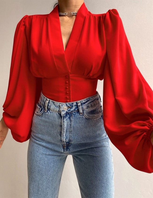 Red V-Neck Puffed Long Sleeve Button Up Tight Waist Shirt